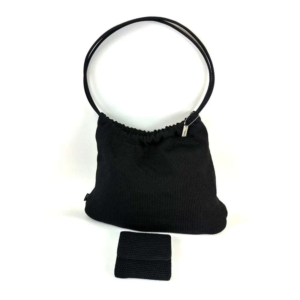 The Sak Crochet Black Shoulder Bag Double Round Handles Hobo With Wallet Snap